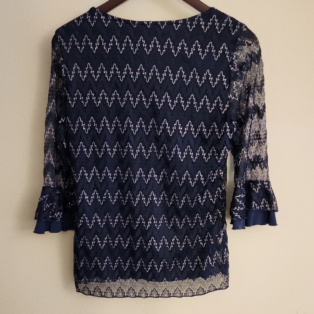 New Directions Navy and White Lace Blouse - Picture 6 of 6